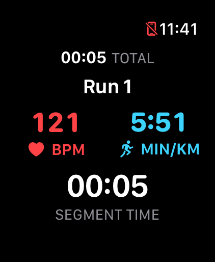 iRox Run screen with heart rate, displayed in a watch frame