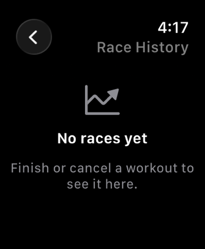 Race history screen for viewing completed workouts