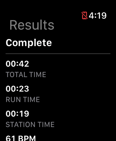 Completed race results with total, run, and station times