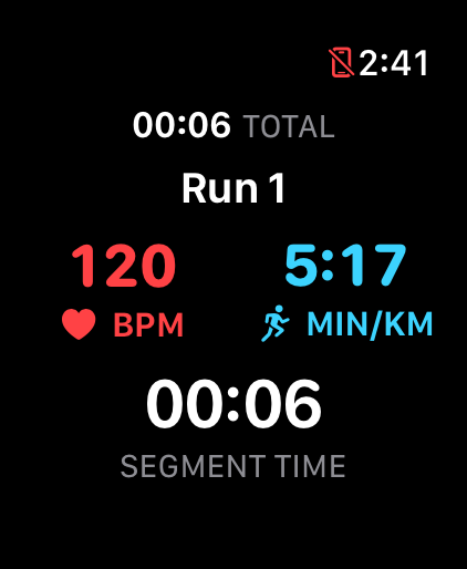 iRox Run 1 screen showing heart rate, pace, total time, and segment time