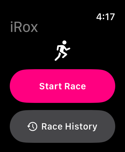 iRox home screen with Start Race and Race History controls