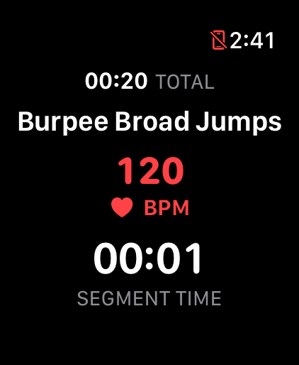 iRox Burpee Broad Jumps station screen showing heart rate, total time, and segment time
